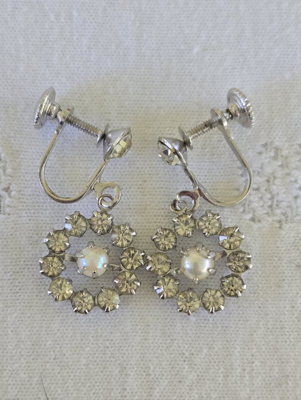 Vintage Silver-Tone Pearl & Crystal Flower Clip-On Drop Earrings